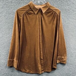 Chicos Womens Blouse XL Brown Faux Suede Button Front Stretch Minimalist Career